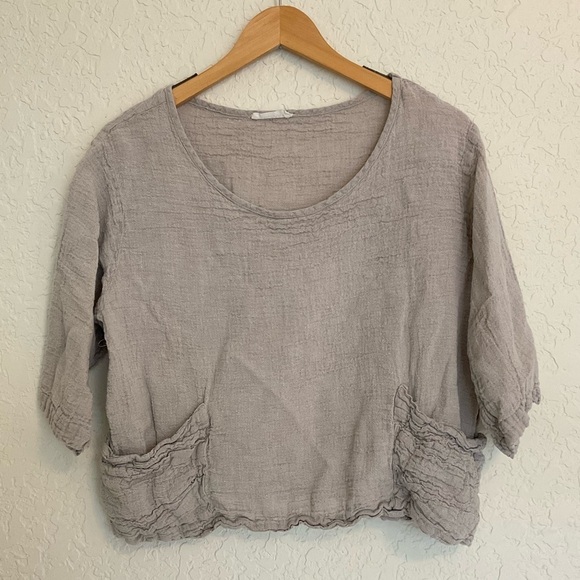 Luukaa Tops - luukaa lagenlook linen beige 3/4 length sleeves front pockets shirt